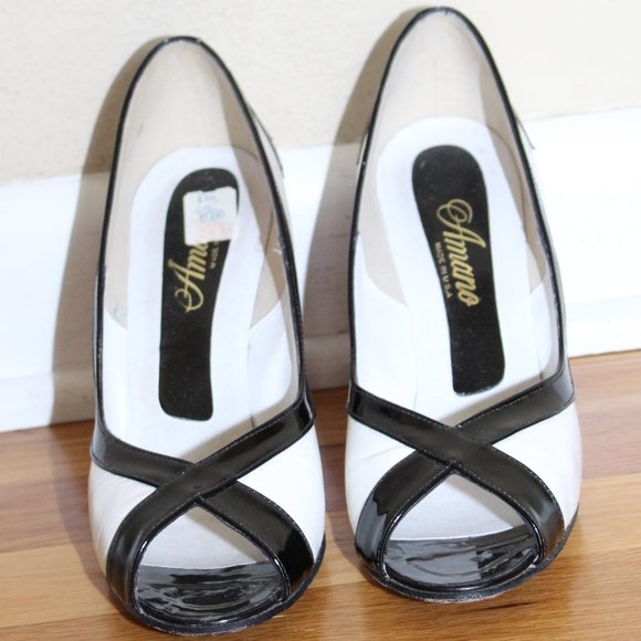 Vintage Amano Black/White Peep Toe Leather Heels Shoe USA Made Women's 9 AA - Picture 6 of 15